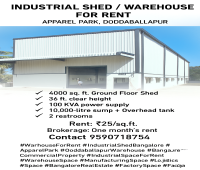4000sft industrial shed warehouse for rent in apperal park doddaballapur